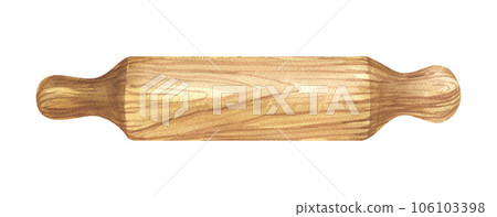 Watercolor kitchen wood rolling pin, utensils clipart for bakery decoration. Hand-drawn illustration isolated on white background. Perfect food menu, food drawing, design packing 106103398