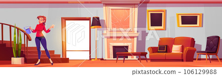 Living room interior with young woman 106129988