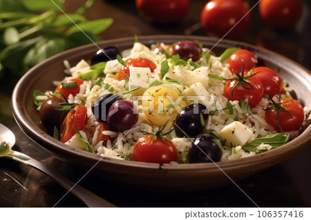 Rice salad infused with Mediterranean flavors, such as feta cheese, olives, cherry tomatoes, and fresh herbs, capturing the essence of the region's cuisine. Generative Ai 106357416