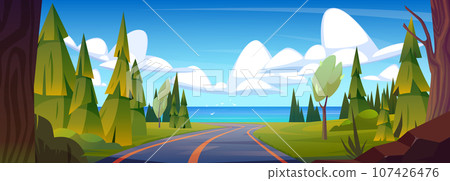 Road with trees and firs on sides leads to sea. 107426476