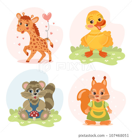 Set of cute cartoon little animal characters, giraffe, teddy bear, squirrel, chicken, duckling, raccoon, hedgehog, wolf, beaver. Illustrations in flat style. Children's print, postcard. Vector 107468051