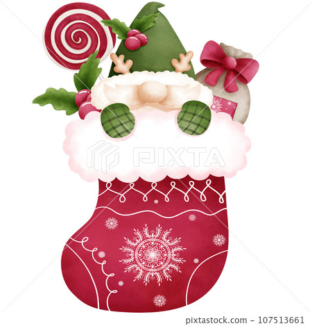 Whimsical watercolor christmas gnome in red sock with ornaments illustration. 107513661