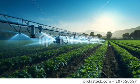 Smart Agriculture Solutions A smart irrigation system watering crops in a field demonstrates the use of technology in agricultural process improvement. 107550557