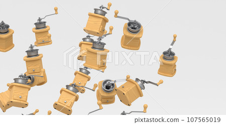 Many of flying manual wooden coffee grinder on white background. 107565019