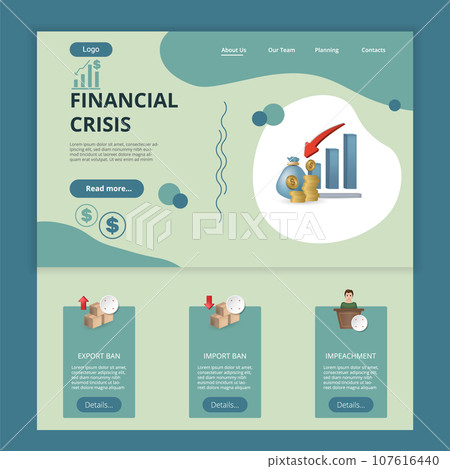 Financial crisis flat landing page website template. Export ban, import ban, impeachment. Web banner with header, content and footer. Vector illustration. 107616440