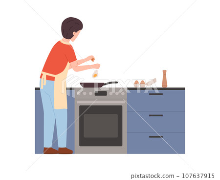 Cartoon man in an apron preparing scrambled eggs, people enjoying cooking food at kitchen vector illustration isolated 107637915