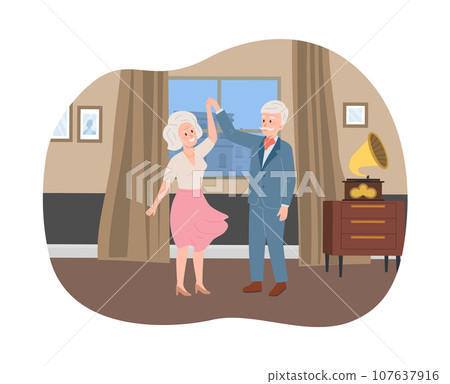 Elegant elderly couple dancing at home vector illustration. 107637916