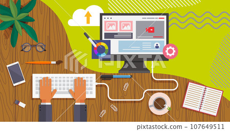 Man working on computer typing on keyboard programmer, business analysis, web design, strategy. Monitor and presentation with graphics. Businessman workplace at table with notebook and glasses 107649511