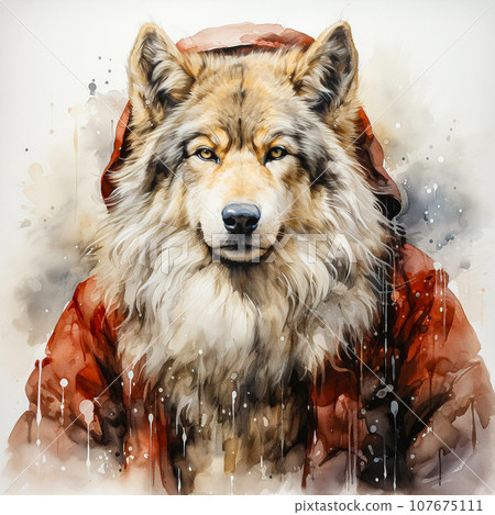 A portrait with vivid paint splashes, featuring a wolf adorned in a cloak 107675111