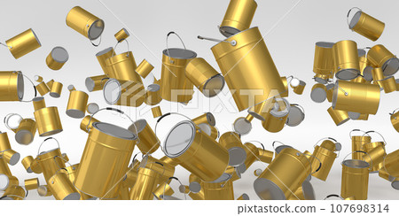 Many of flying metal cans or buckets on white background. 107698314