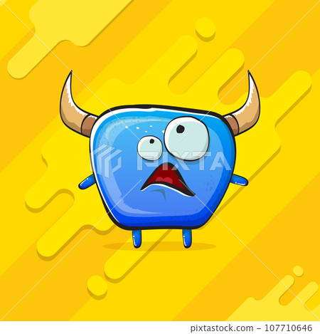 Vector cartoon funky blue monster with horn isolated on yellow background. Smiling silly blue monster print sticker design template. Ghost, troll, gremlin, goblin, devil and monster 107710646