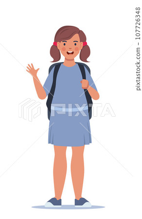 Portrait of happy school girl with backpack. Girl kid. Back to school. Vector illustration. 107726348