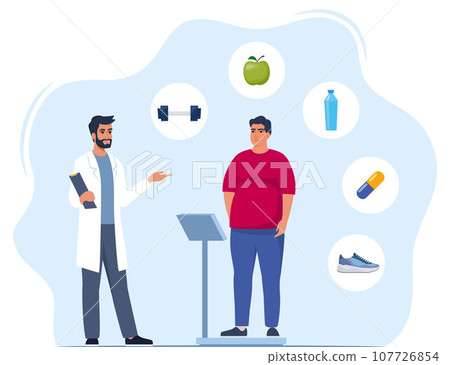 Fat man standing on weigh scales. Doctor explain about health and how to loose weight, Obese patient, fat control instruction, diabetes patient, control calories, sports. Vector illustration. 107726854