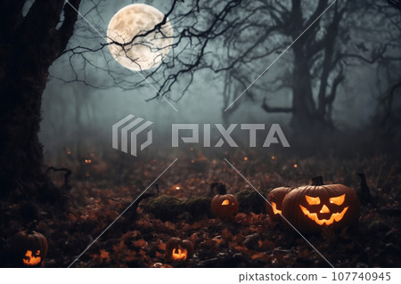 mystical forest on Halloween night, big full moon in the dark sky, a glade with moss, roots, atmospheric and fairytale 107740945