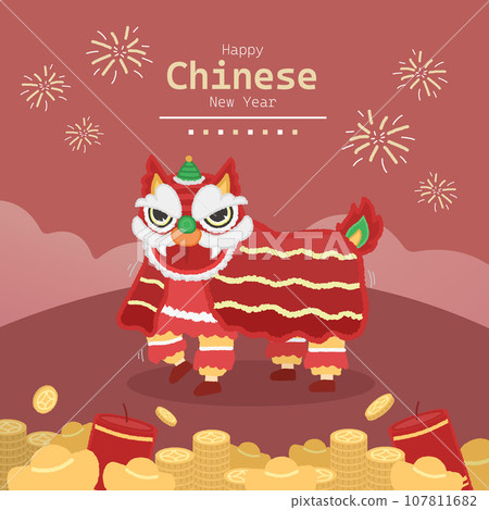 Chinese New Year Pleasure Celebration, Red background with dancing lions, many gold medals, Yuan Bao 107811682