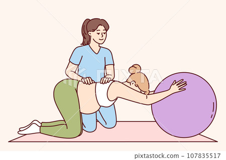 Gymnastics for pregnant women under supervision of physiotherapist to help prepare for childbirth 107835517