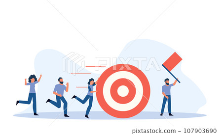 Group of diverse people push a large target towards a goal. They are all working together and smiling, symbolizing teamwork, determination, and success. Vector illustration 107903690