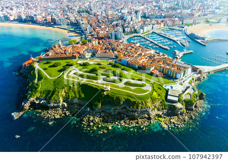 Aerial view of the city of Gijon in Asturias, Spain 107942397