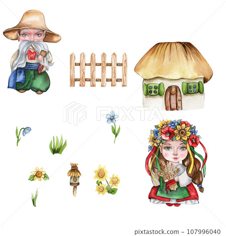 Set of girl and boy gnome in national ukrainian costume ,country houses and flowers. Design for baby shower party, birthday,cake, holiday celebration design, greetings card,invitation. 107996040