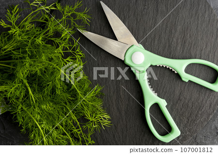 kitchen scissors cutting dill in the kitchen on a cutting board 107001812