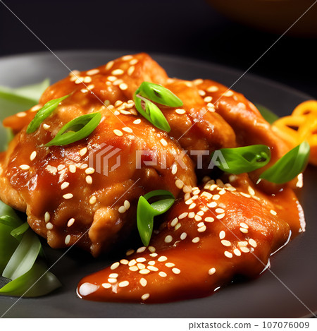 crispy fried sesame chicken in galbi sauce with pickled radish 107076009