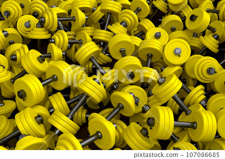 Pile of sport equipment like barbell and dumbbell on black background 107086685