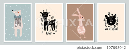 Set of hand drawn vector posters with forest animals and plants. Cute Scandinavian illustration with wild animals in the wood. 107098042