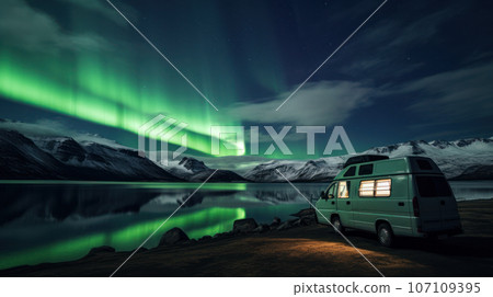 Car camping with aurora night light 107109395