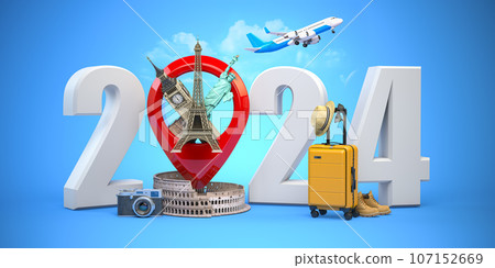 2024 Happy new year. Number 2024 and pin with most popular landmarks of the world. New year celebration in London, Paris, Rome or New York. 107152669