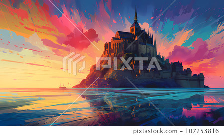 Illustration of beautiful view of Mont Saint-Michel, France 107253816