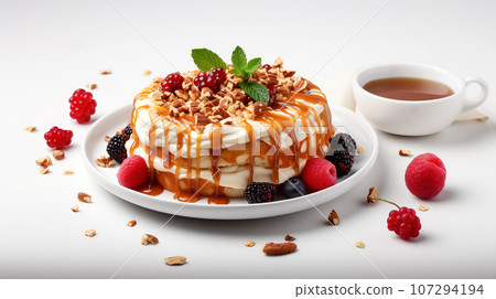 Close up fruit cake with caramel syrup on plate 107294194