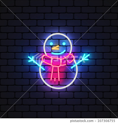 Snowman neon icon for decoration design. Vector illustration 107308755