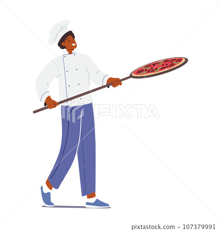 Skilled Chef Character Expertly Balances A Freshly Baked Pizza On A Rustic Wooden Shovel, Ready To Serve Piping Hot 107379991