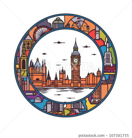 A circle shape frame with center space of London city skyline in simple doodle color cartoon style. Generative AI AIG32 107381735