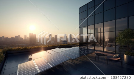 photovoltaic panels on sunset front of the big city. Generative AI 108457280