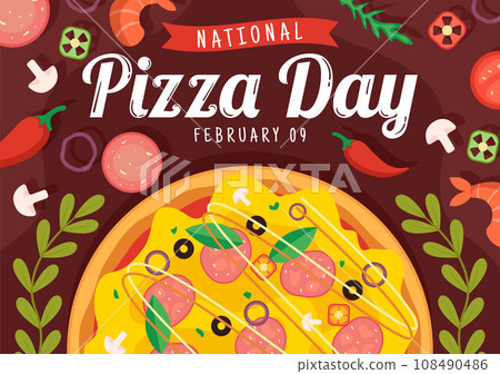 National Pizza Day Vector Illustration on February 9 with Various Toppings on Each Slice for Poster or Banner in Flat Cartoon Background Design 108490486