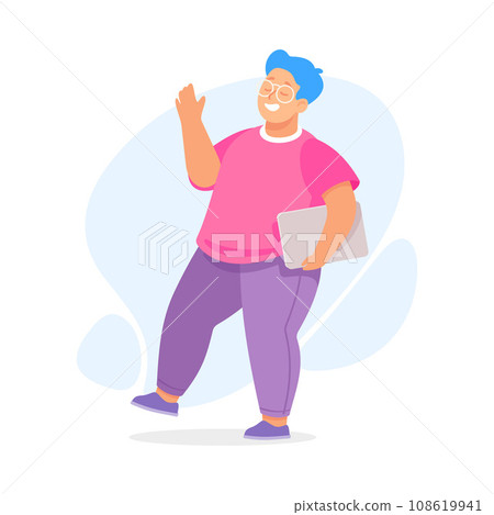 Body Positive Happy Man Character with Cheerful Smile Waving Hand Vector Illustration 108619941