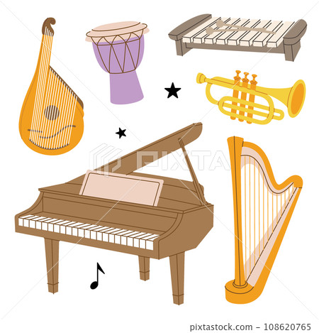 Musical instruments set. Bandura, djembe drum, bongo, congo, grand piano, wooden xylophone, tuba, trumpet, lyre, wooden harp. Vector illustration. 108620765