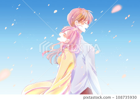 Happy man and woman standing back to back, cherry blossom blizzard, blue sky 108735930