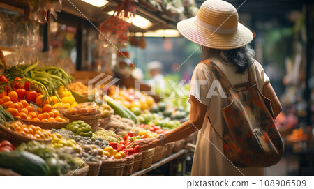 Senior Adult Woman Enjoying The Farmers Market with Bountiful Produce. Generative AI. 108906509