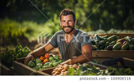 Bearded Farmer Tending to His Fresh and Bountiful Produce Harvest Crates. Generative AI. 108906516