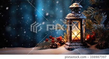 Christmas lantern in winter in the snow. Generative AI 108987397