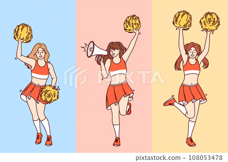 Girls cheerleaders jump and wave pom-poms in arms supporting fans of sports football team 108053478