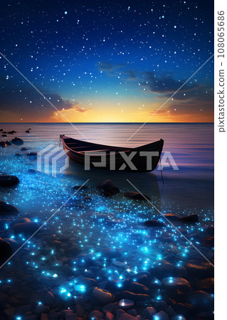 A magical silhouette of a boat cuts across the sparkle of starlit water - generative AI 108065686