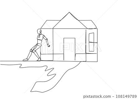 Continuous one line drawing robot pushes miniature house down with its back from the edge of the cliff. Robot training house. Future technology development. Single line draw design vector illustration 108149789