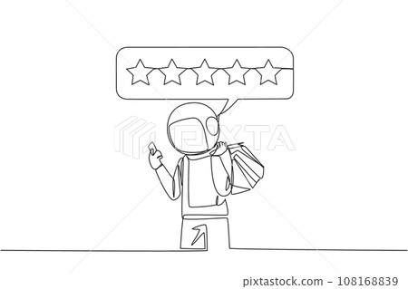 Continuous one line drawing happy astronaut holding several shopping bags. The other hand typing on the smartphone gives a 5 star review. Online shopping. Single line draw design vector illustration 108168839