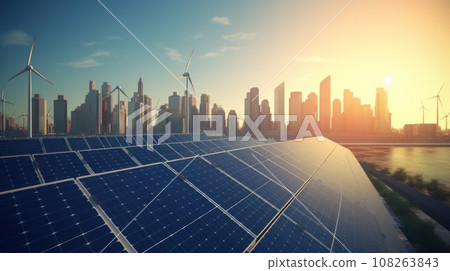 solar energy panel on the building in the big city. Generative AI 108263843