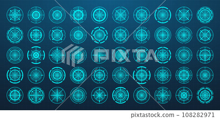 Crosshair, gun sight vector icons. Bullseye, black target or aim symbol. Military rifle scope, shooting mark sign. Targeting, aiming for a shot. Archery, hunting and sports shooting. Game UI element. 108282971