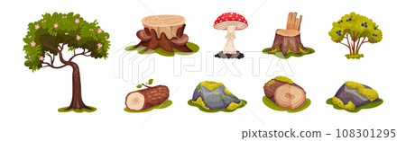 Forest Landscape Elements with Tree, Stump and Mushroom Vector Set 108301295