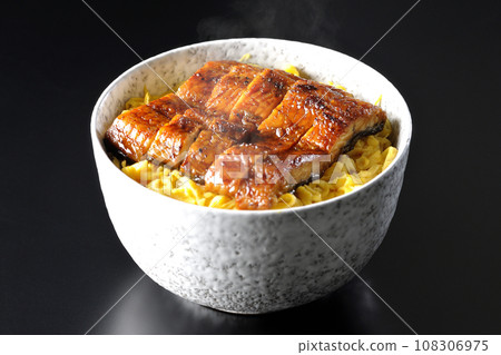 A piping hot rice bowl of kinshi omelet and kabayaki eel photographed against a black background 108306975